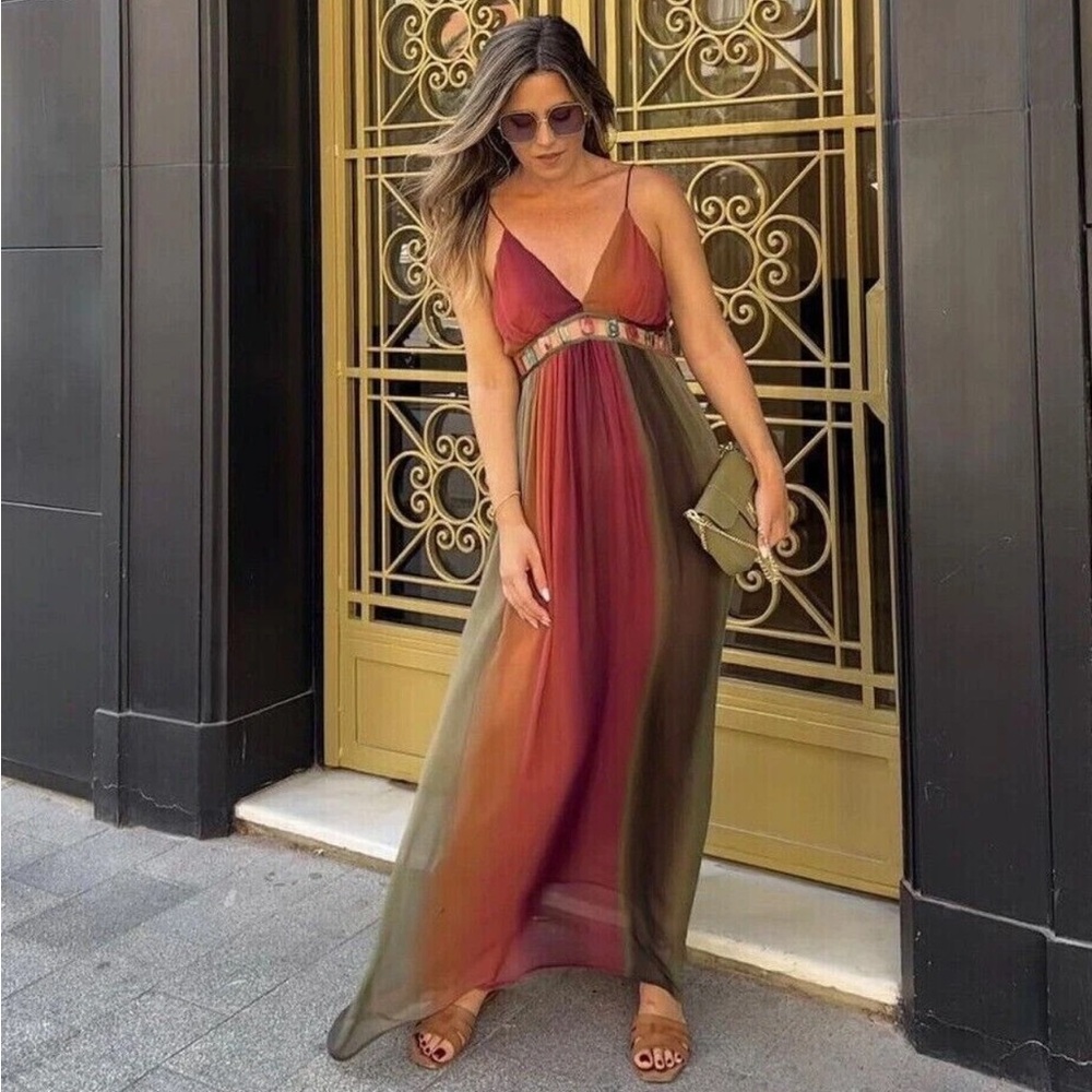 Zara size small long boho dress spaghetti strap with gems NWT
